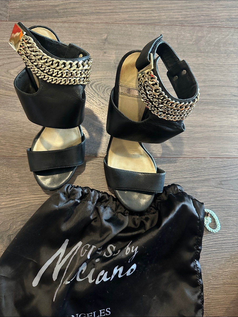 Guess by Marciano Black Leather Heels with Gold Chain Cuff